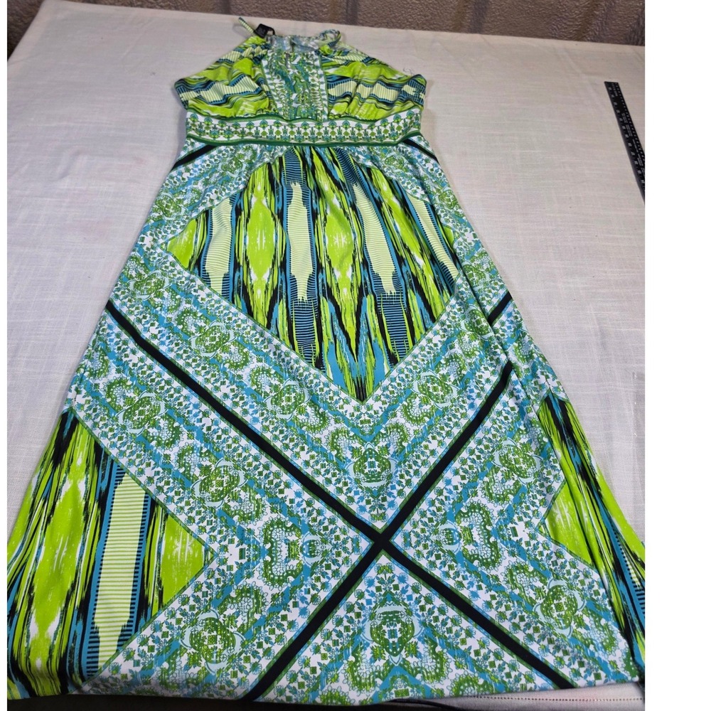 b.calm Womens XL Halter Maxi Dress Green Blue Geometric Ikat Print Sleeveless